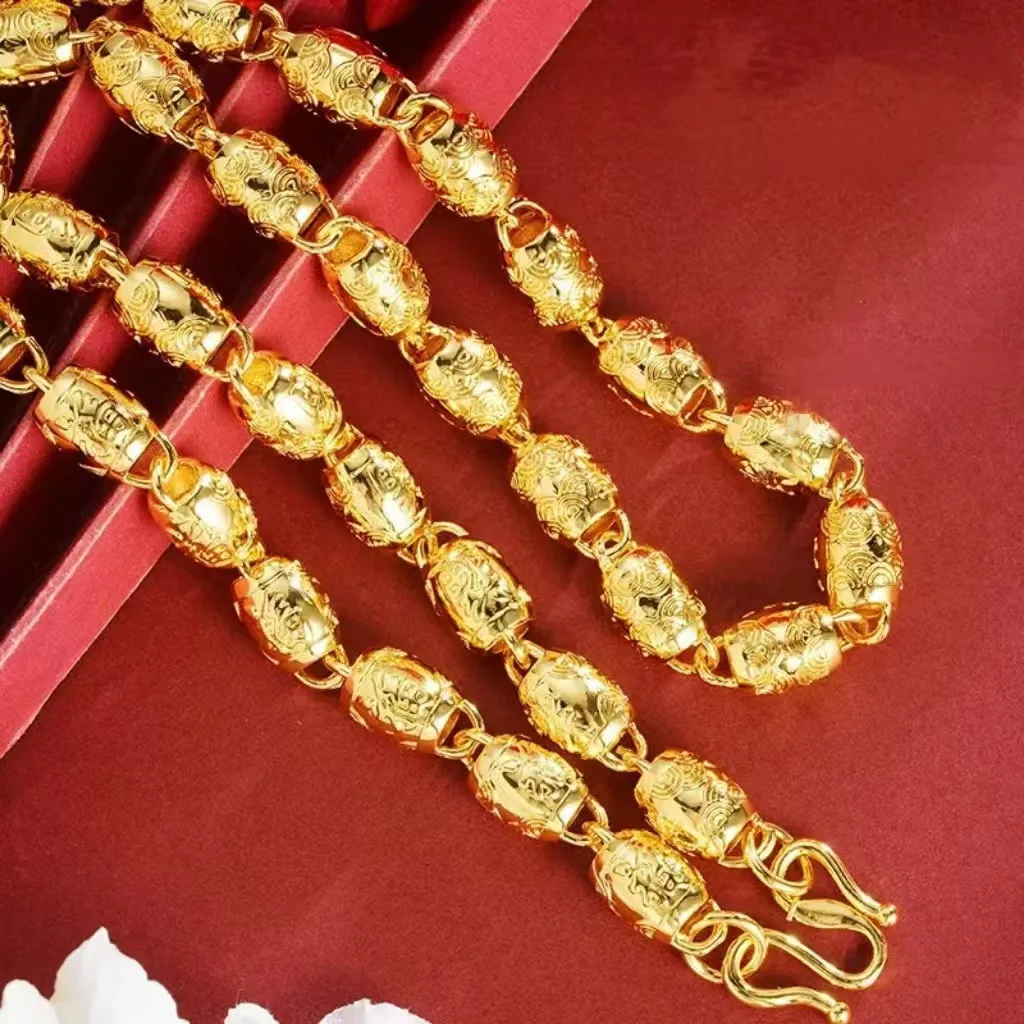9999 24K genuine gold necklace for men, round bead hollowed out gold necklace, luxurious men's gold necklace, gold jewelry gift
