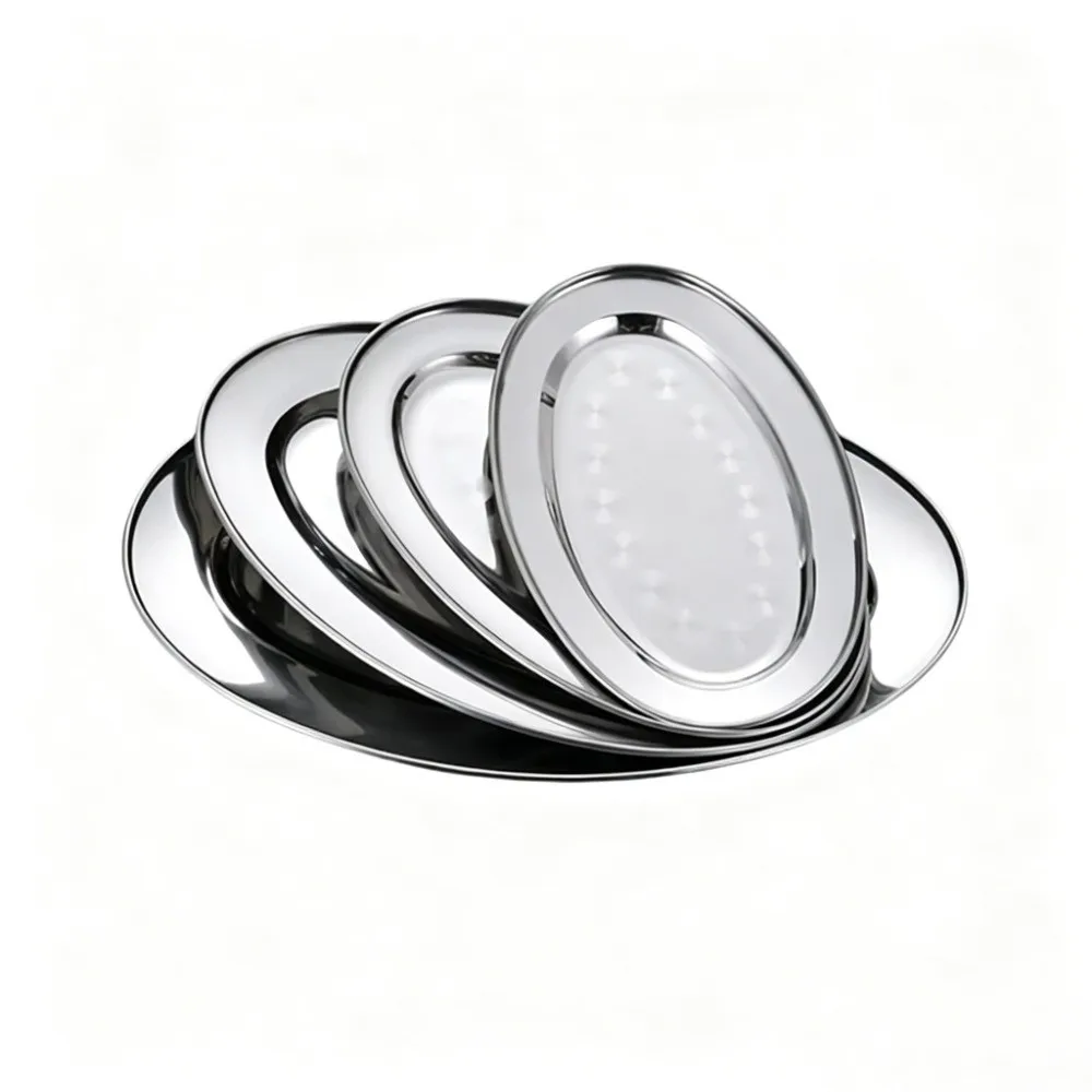 Stainless Steel Oval Fish Plates Shallow Design 22-35cm Diameter Dinner Plates Oval Shape Multi-Size Barbecue Trays