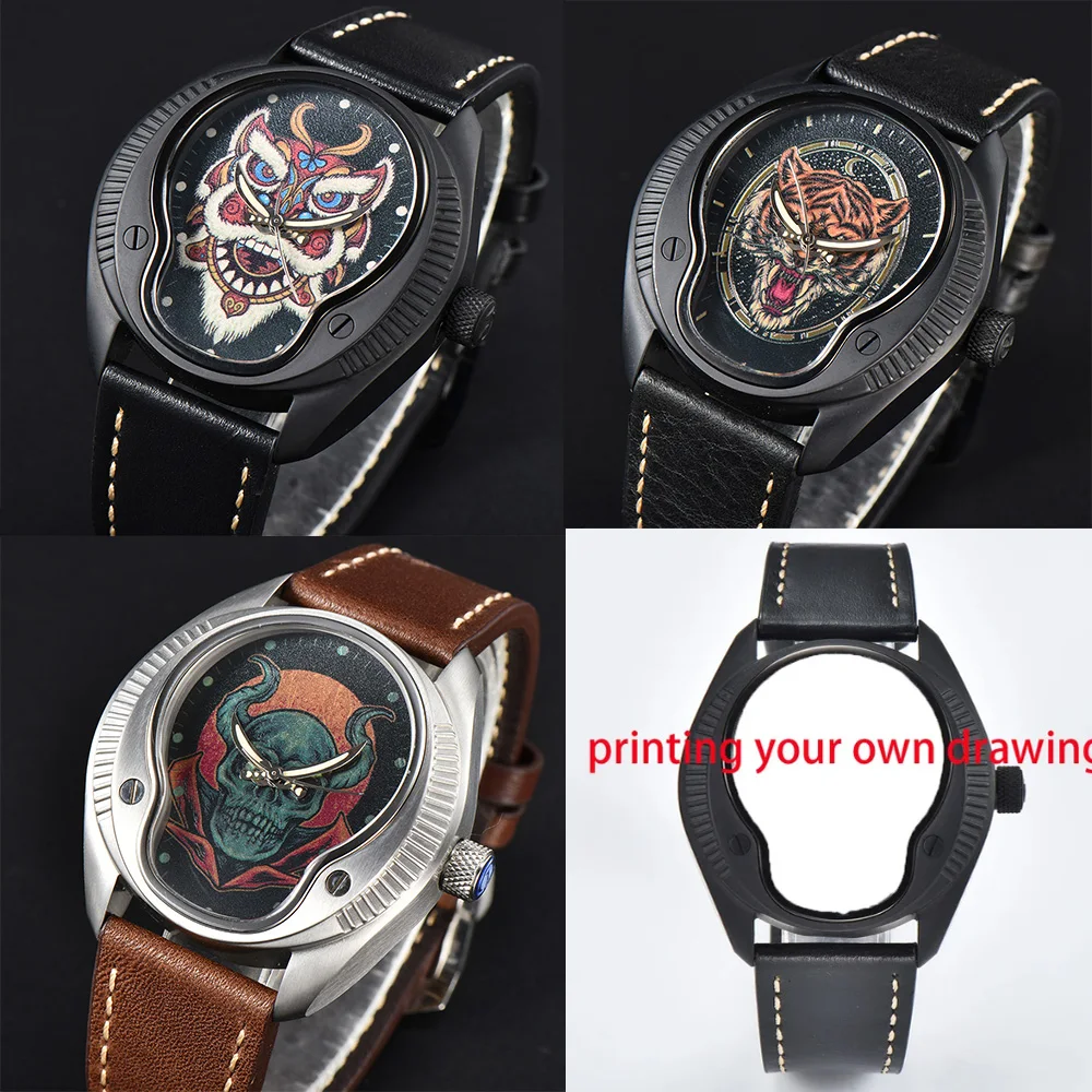 Parnis 43mm Custom Dial Tiger Lion Painting  Mechanical Automatic Men's Wristwatch