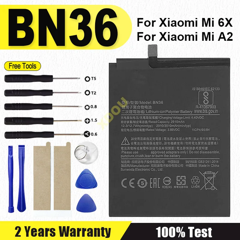 

New BN36 Battery For Xiaomi Mi 6X Mi6X Mi A2 BN36 3010mAh High Quality Phone Replacement Batteries + Tools