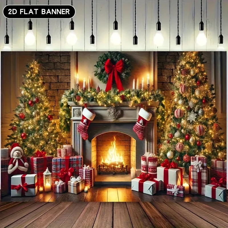 Vintage Fireplace Christmas Tapestry,Decorated Tree with Gifts Scene,Festive Wall Art Indoor Outdoor Holiday Photo Background