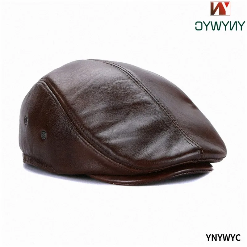 Lvy Male Ear Flaps Thicker Genuine Cowhide Leather Solid Classic Driving Cap Winter Flat Caps Beret Men Black Warm Duckbill Hat