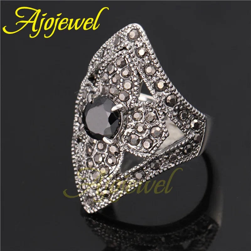 Ajojewel AAA Cubic Zirconia Vintage Flower Ring Black Rhinestone Geometric Jewelry Finger