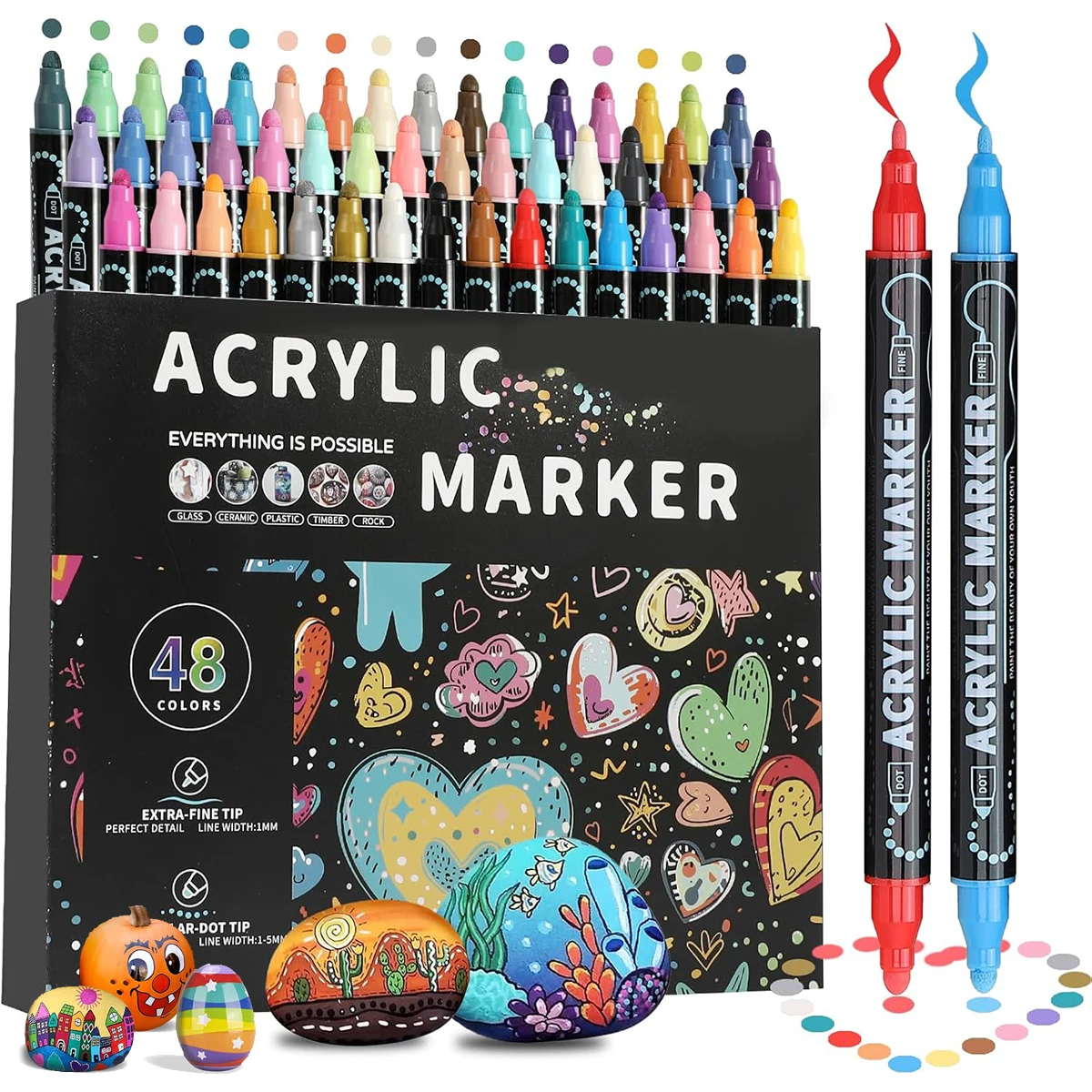 12/24/36/48 Colors Dual Tip Acrylic Paint Pens Markers  for Wood Canvas Stone Rock Painting Glass Ceramic Surfaces DIY Crafts