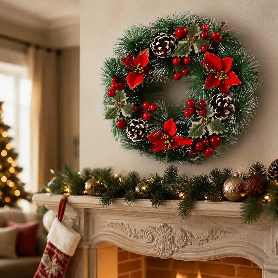 1Pc Christmas Wreath for Front Door,Artificial Wreath with Red Flowers Pinecones Fruit Leaves Snowflakes,Indoor Outdoor Home - view 4