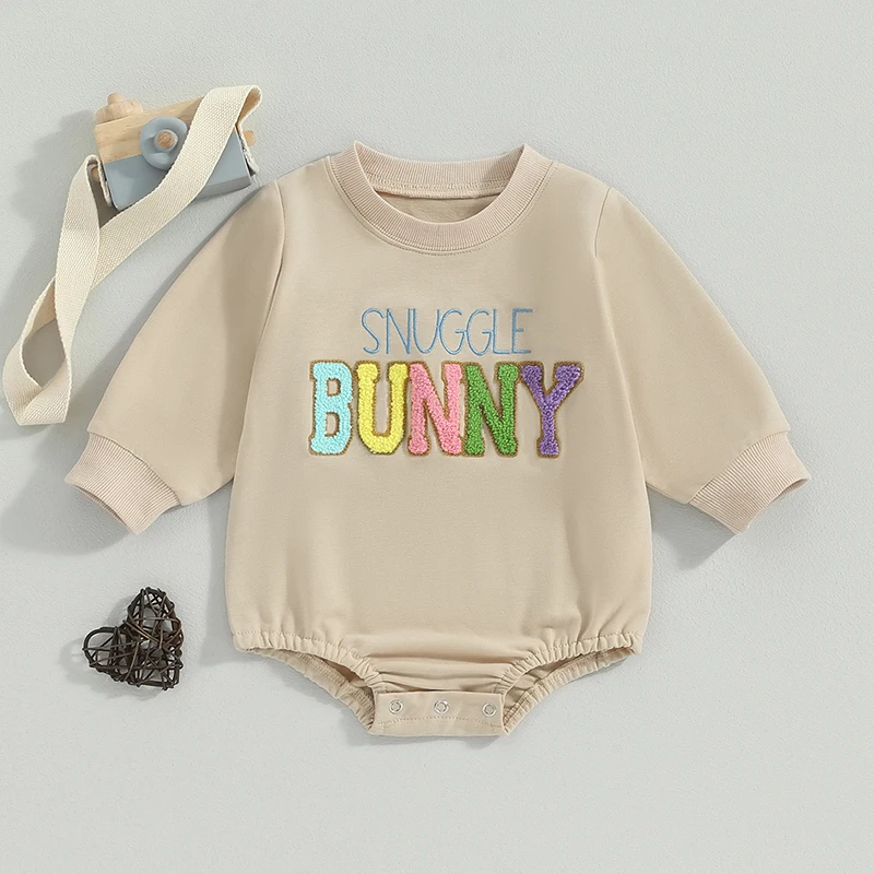 

Easter Toddler Baby Rompers Long Sleeve Bunny Ear Letter Print Contrast Color Romper Sweatshirt Bubble Oversized Easter Bunny