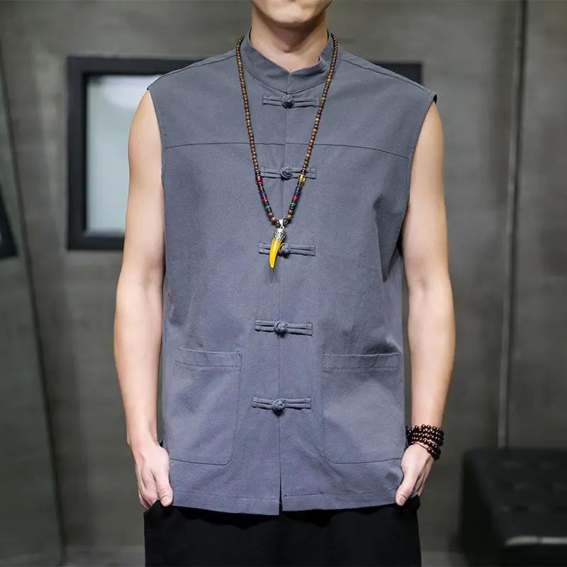 

Men's Sleeveless Tank Tops Chinese Style Cotton Vintage Shirt Casual Waistcoat Summer Breathable Vests Men Loose Tees Tang Suit