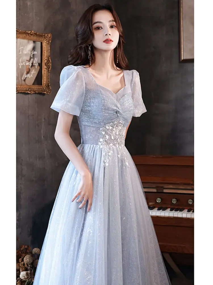 

Elegant Light Blue Prom Dress V-neck Short Sleeve Exquisite Applique Simple Floor-length A-line Banquet Bridesmaid Vestidos