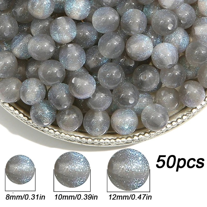 8/10/12 mm, 50 Stück, graues Harz, feiner Glitzer, runde lose Perlen, DIY-Armband, Halskette, handgefertigte Schmuckherstellung
