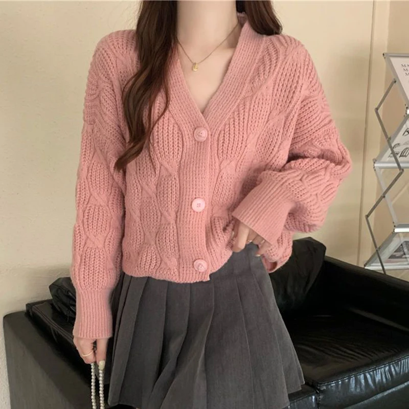 Zoki Japan Women Soft Sweet Cardigan Swetry Casual Lazy Wind Loose Elegant Knitted Coat Fashion V Neck Preppy Style Short Tops