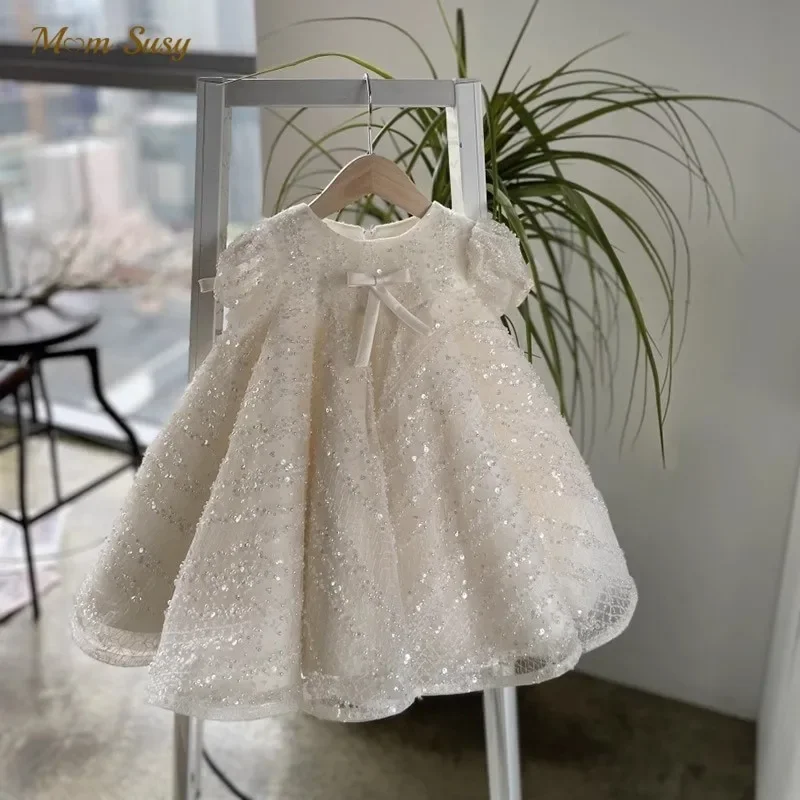 

Girls Short Sleeve Sequin Embellished Tulle Dress With Bow Detail Elegant Design For Formal Occasions Weddings Flower Girl Birth