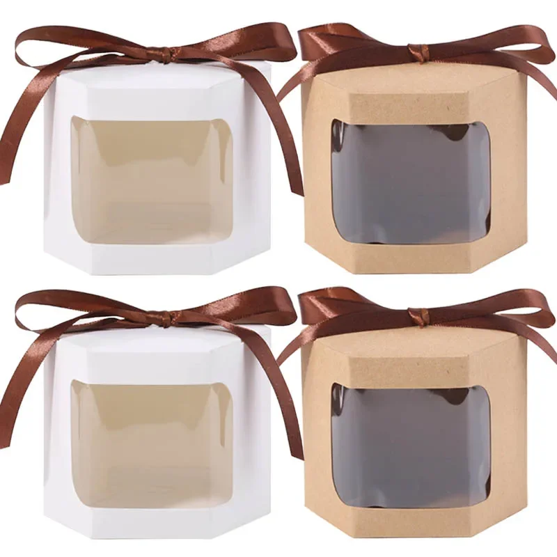 20 unids/lote caja de regalo hexagonal blanca/marrón cajas de papel Kraft con ventana transparente para embalaje de pasteles dulces suministros para fiesta de boda