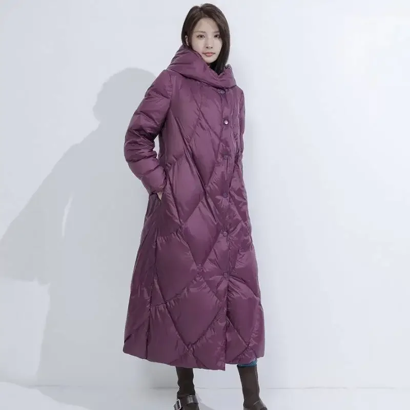 سترة بيضاء مبطنة للنساء سترات شتوية بقلنسوة أنماط طويلة واحدة الصدر معطف مقاوم للرياح ملابس ثلج فضفاضة غير رسمية ملابس خارجية