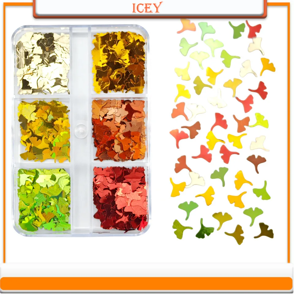 Icey Beauty Ginkgo Leaf Glitter Autumn Nail Art Leaf Shaped Thin Design Flowing Hemp Drip Glue DIY Glitter Powder