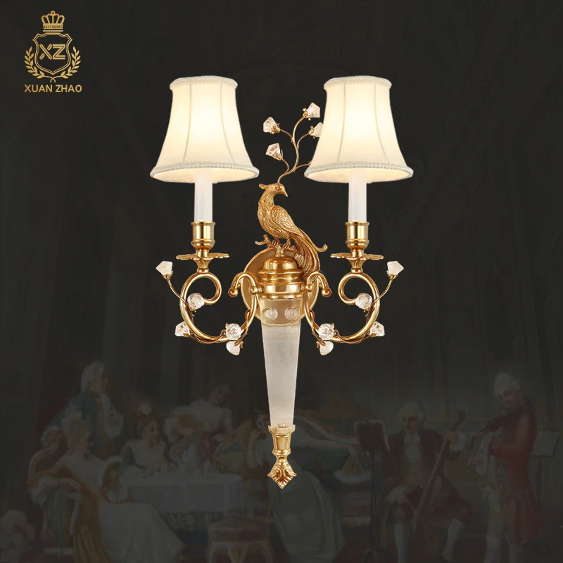 Gold Lamp Bedroom Peacock Chinese Style Brass Wall Lamp Double Arm With Shade Classic Plaster Wall Light