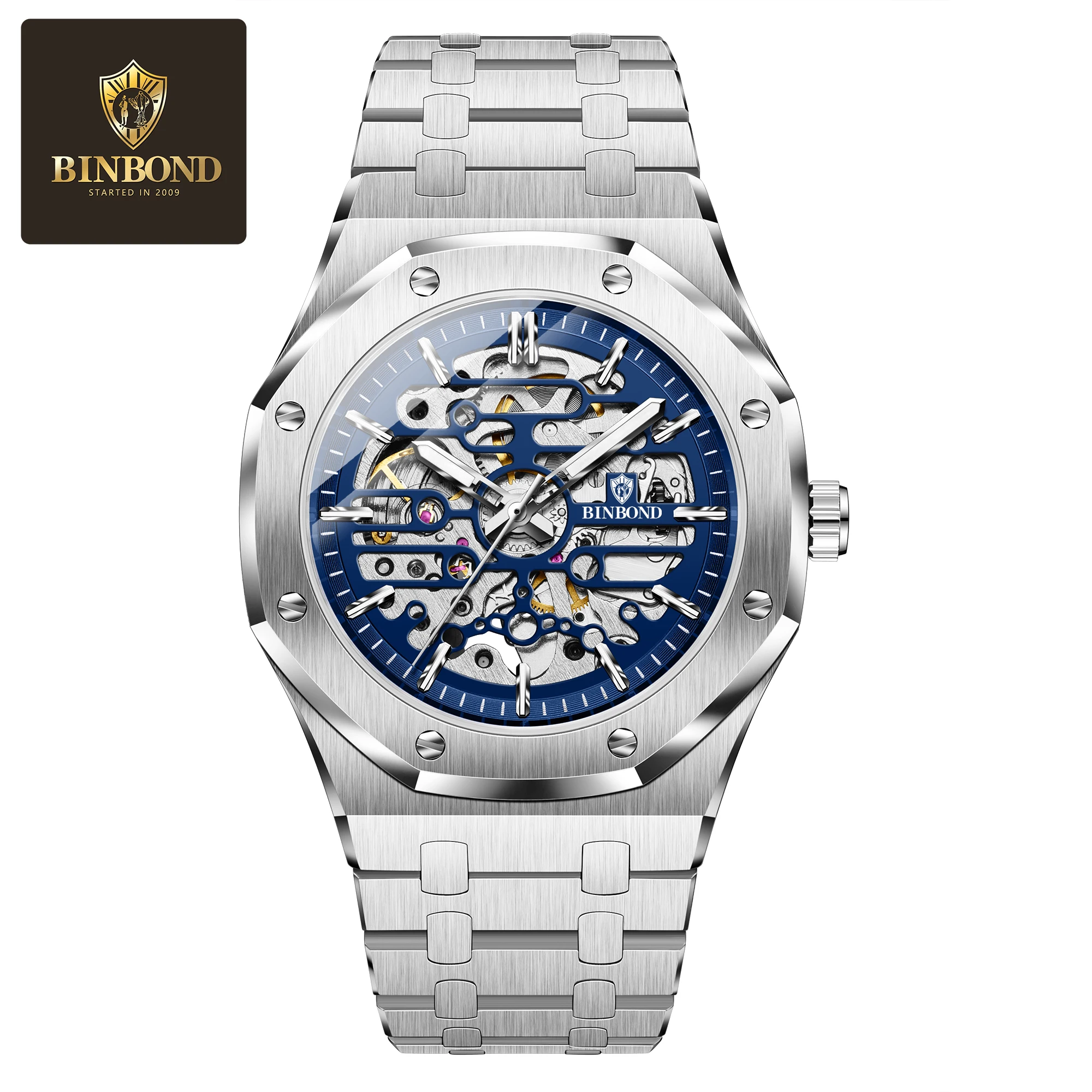 BINBOND, reloj deportivo de lujo a la moda para hombre, luz nocturna, reloj mecánico automático resistente al agua