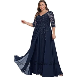 Customized Classic V Neck Mother of The Bride Dresses 3/4 Sleeve Sequins Chiffon Evening Formal Dresses Applique Lace Zipper