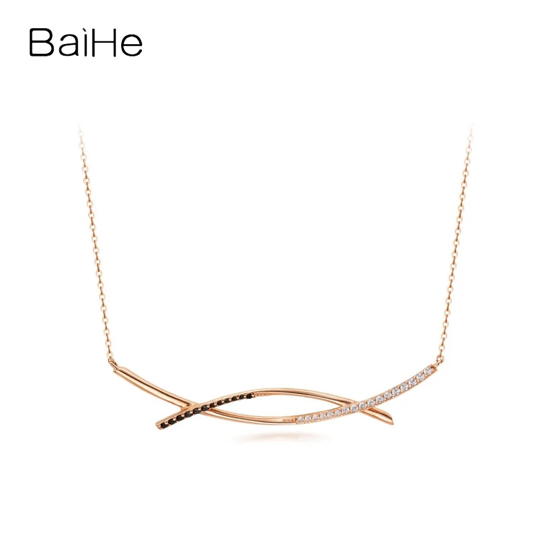 BAIHE Solid 14K Rose Gold H/SI White Diamond+black Diamond Necklace For Women Engagement Gift Trendy Fine Jewelry 목걸이 Collier