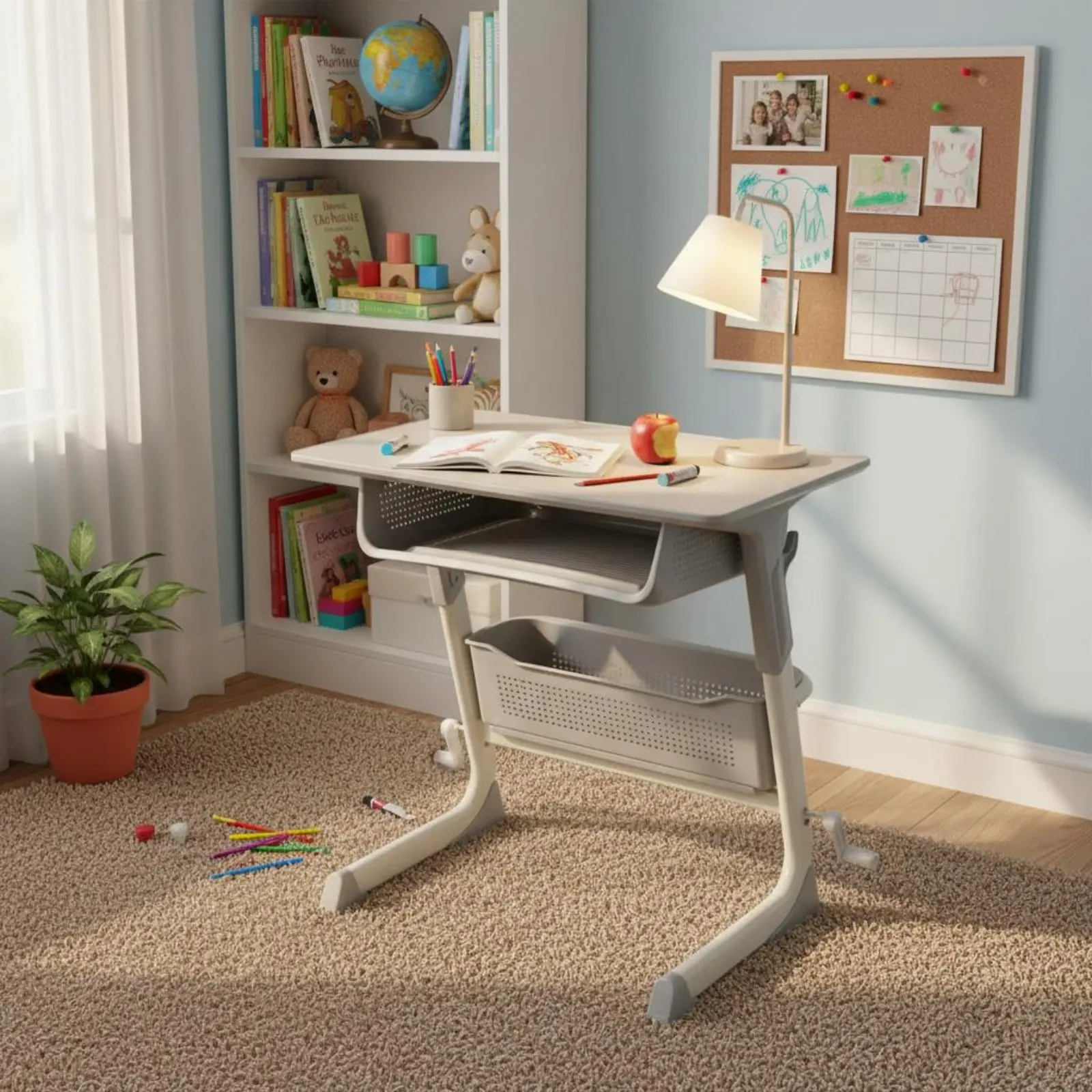 

Hand Crank Elevating Study Desk Sturdy & Stable Adjustable Student Desk and Chair Set Kids Study Table with Storage Child-Safe