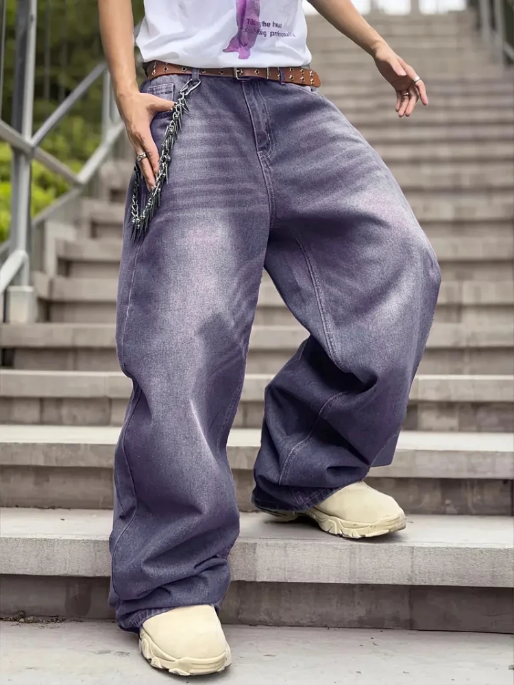 

Мужские мешковатые джинсы с фиолетовым градиентом в корейском стиле, винтажные свободные широкие джинсовые брюки, повседневная уличная одежда, модные повседневные брюки