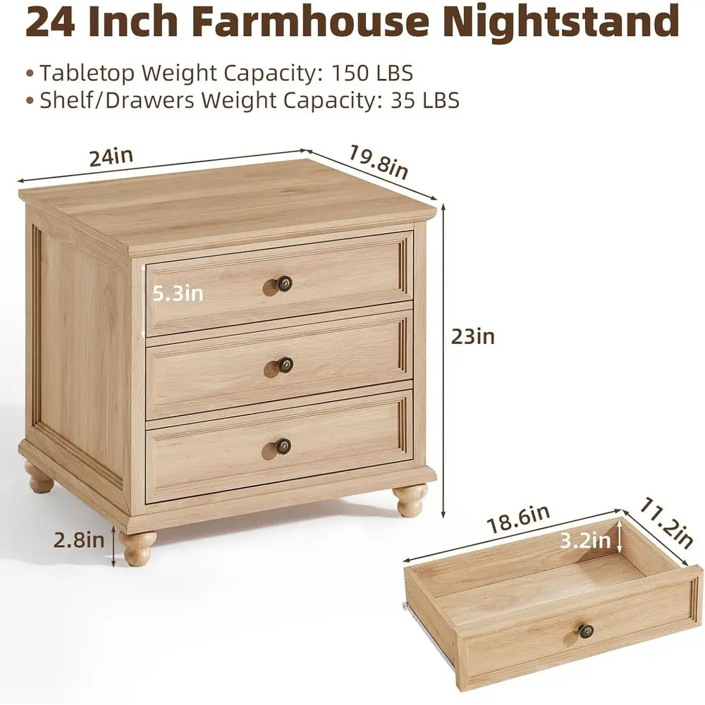 Set of 2 Wide Arm Nightstands with 3 Drawers, Metal Handles, Wood Finish for Bedroom or Living Room