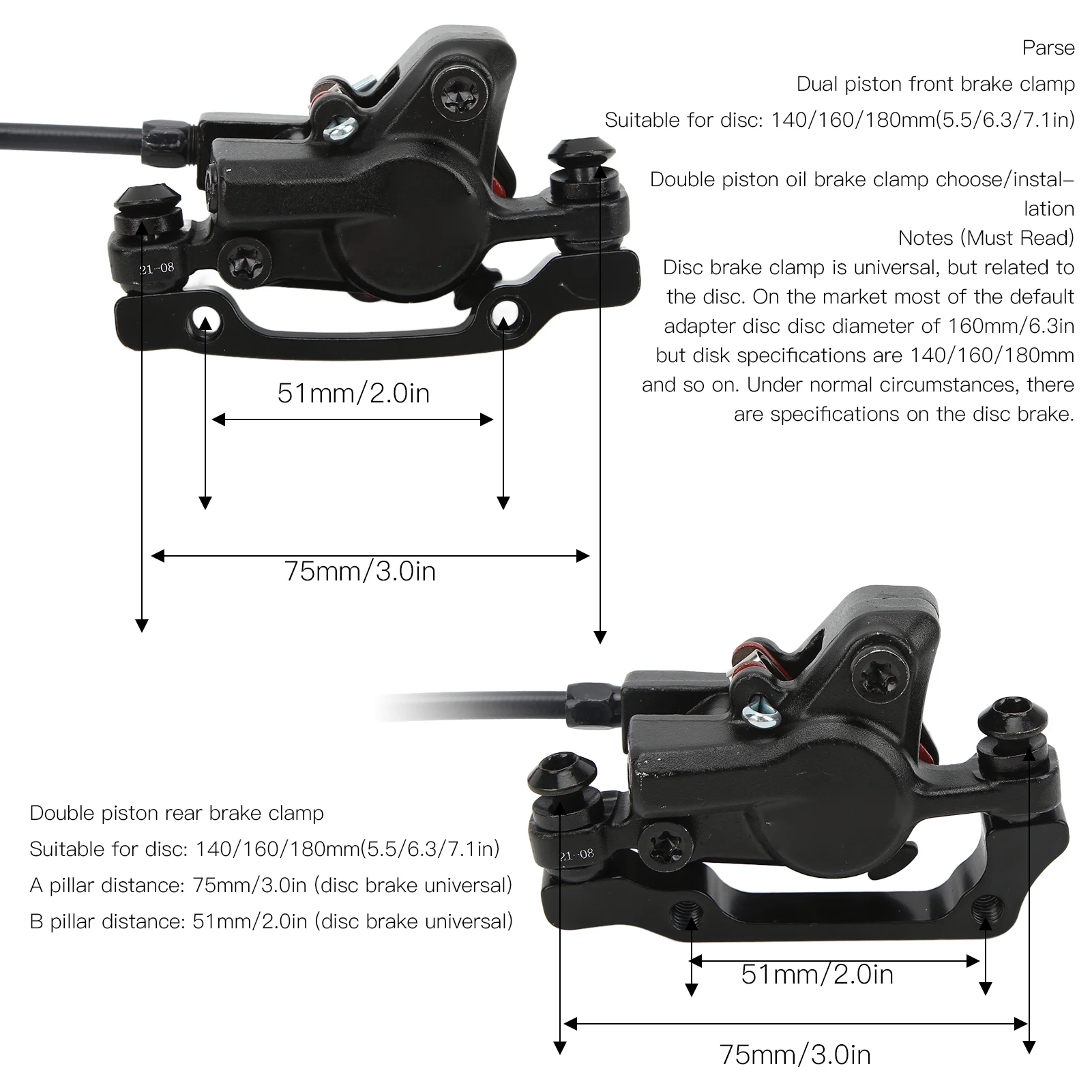 LeBycle Hydraulic Bicycle Disc Brake Kit Double Piston Oil Pressure Universal with Front Rear Disc Brake 2 160mm Disc