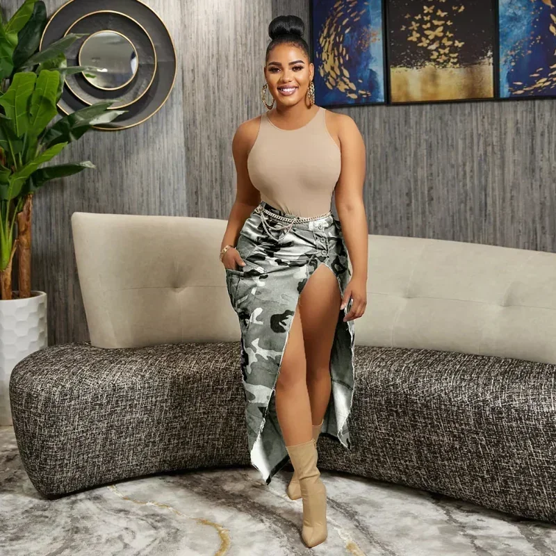 GUWU แฟชั่น Camouflage ปุ่มเอวสูงด้านข้าง Slim Maxi กระโปรงยาวผู้หญิง Streetwear หญิงคลาสสิก Cargo กระโปรง