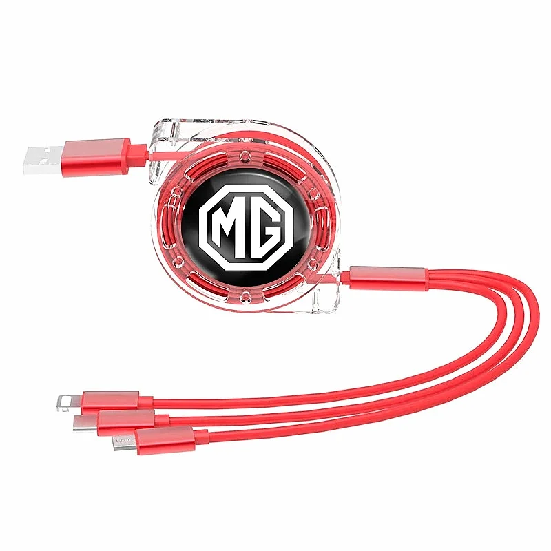 MG Logo Retractable 3-in-1 Car Charging Cable For MG ZS EV MG4 EV HS GT, Fast Charge USB Data Cord Auto Interior Accessory
