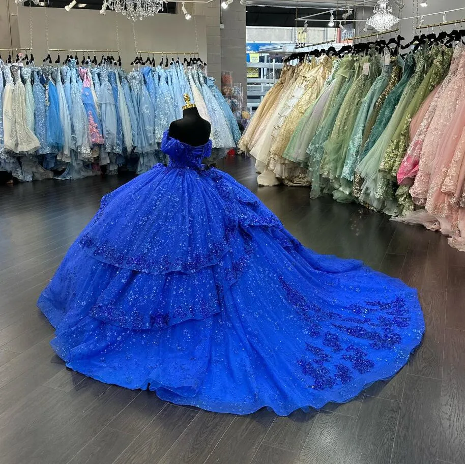 König blau funkelnde Prinzessin Quince anera Kleider von der Schulter Glitter Applique Pailletten entbeint Vestido de Debütantes süß 15