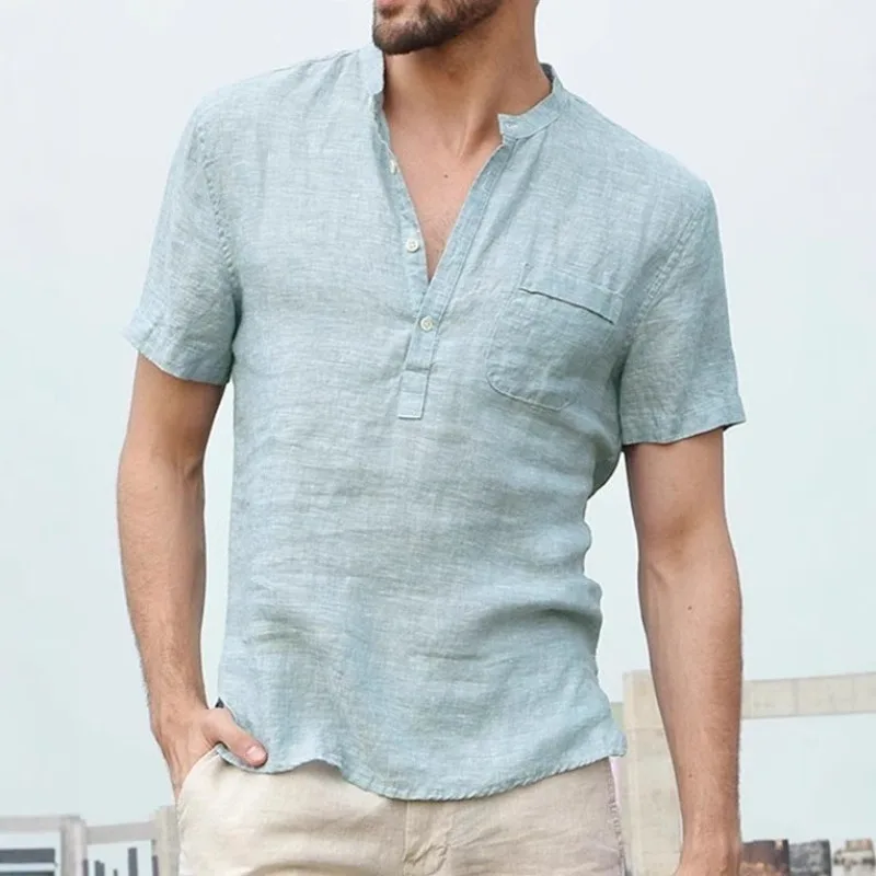 Summer New Cotton And Linen Short-sleeved Men's T-shirt Stand-up Collar Buckle Semi-open Simple Short-sleeved Shirt