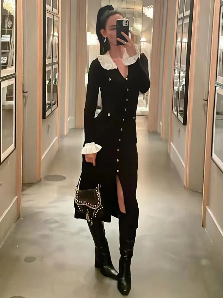 

DSMTRC Womens Knit Dress Ruffled High Waist Cardigan Ribbed Sweater Elegant Party Dress Female Winter Knitwear V-Neck Maxi Dress