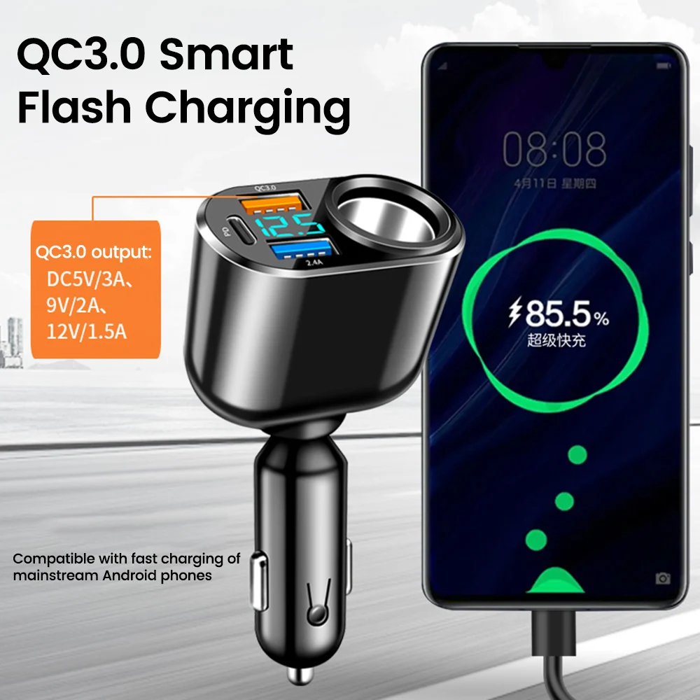 Universal 66W Car USB Charger 3-USB Port Super Fast Charging Cigarette Lighter Adapter Phone Charger for Car DC 12V/24V