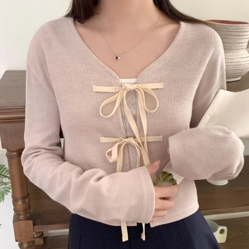 Spring Autumn New Round Neck Fashion Long Sleeve Knitting Cardigan Women High Street Elegant Casual Bow Lacing Comfortable Tops