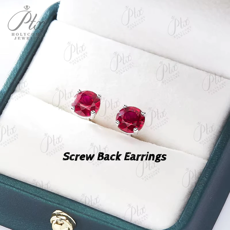 Four-prong Lab Grown Ruby Screw Back Earrings Sparkling 1CT Pigeon Red Earring for Women Real Gold Wedding Jewelry Anti Allergic
