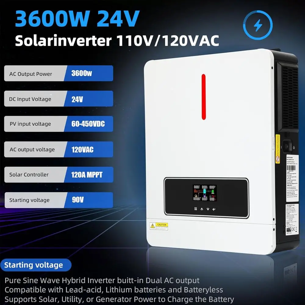3600W Solar Inverter 24VDC to 110V/120VAC, All-in-One Pure Sine Wave Hybrid Solar Inverter with 120A MPPT Charge Controller, Ide
