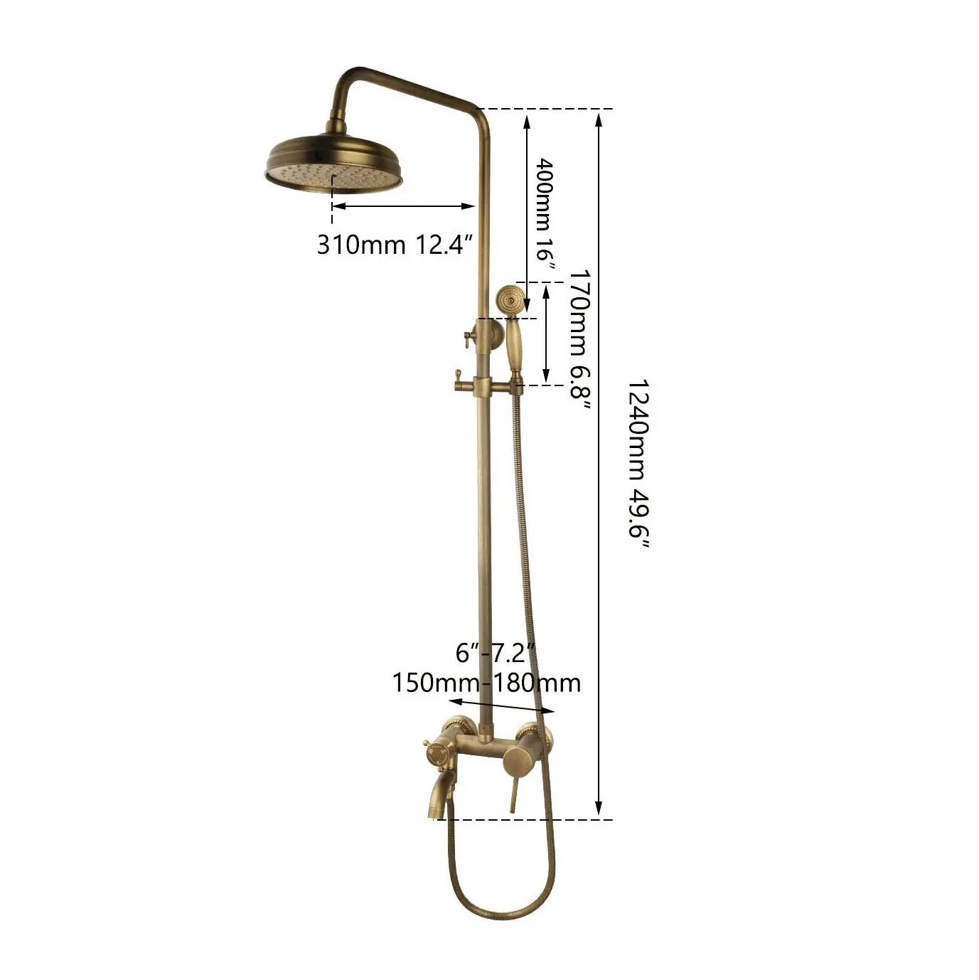 KEMAIDI Antique Brass Rainfall Bathroom Shower Set Shower Hand And Round Shower Hand Mixer Taps Double Handles Bathroom Combo - Image 2