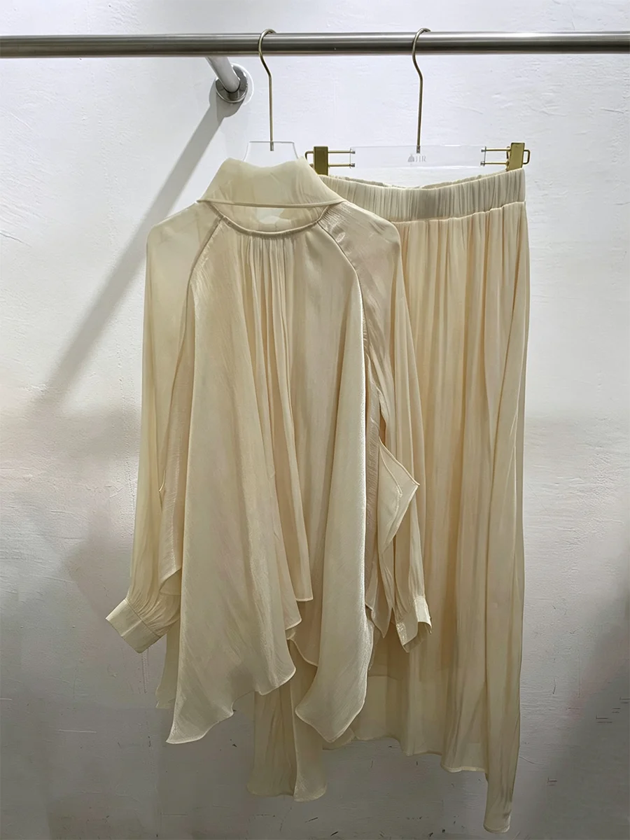 GALCAUR Ruffle Spliced Sheer Mesh Loose Two Piece Set for Women Stand Collar Long Sleeve Top High Waist Midi Skirt Sets Female