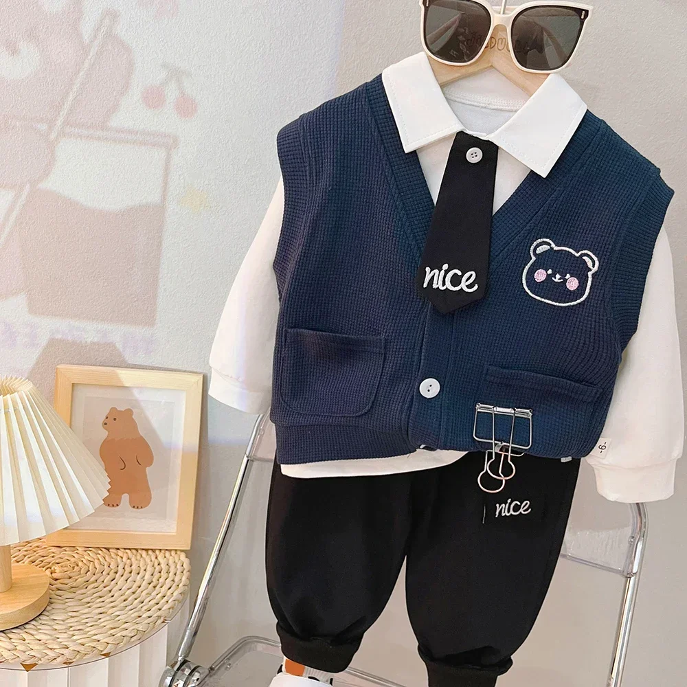 Autumn Children Clothing Sets Toddler Baby Boys Vest T Shirt Pants 3 Pcs Suit Infant Clothes Outfits Kids Sportswear 0-4 Years