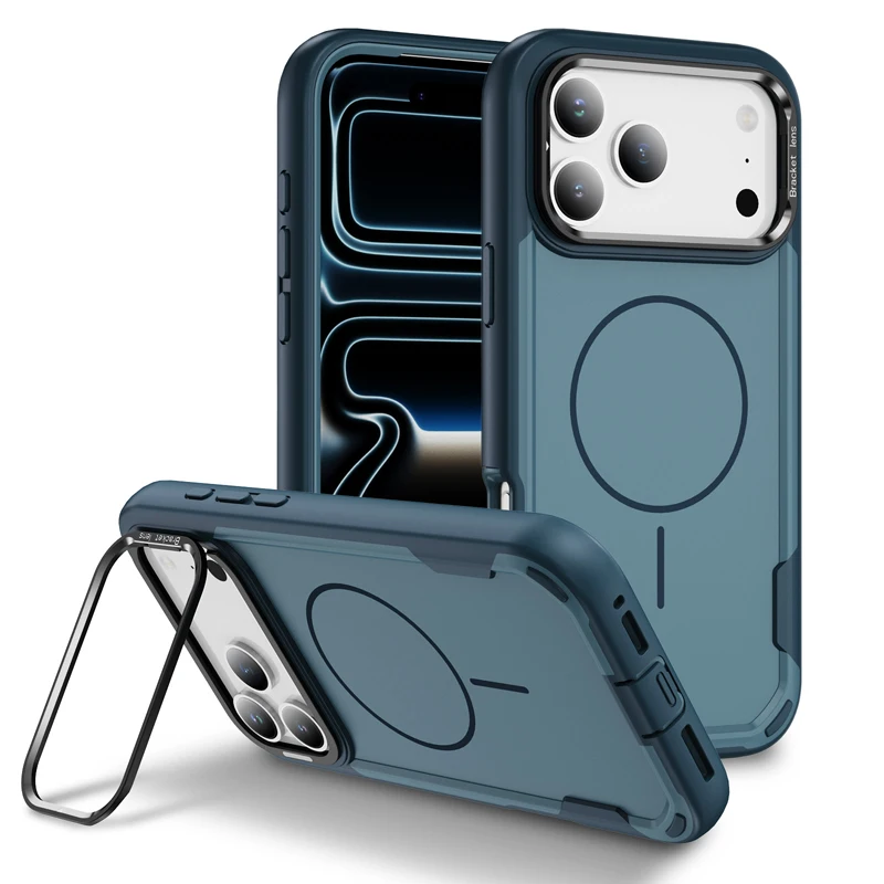 For iPhone 17 Pro Max 17 Air Case Magnetic PC +TPU Frame Anti-knock Cover with Metal Lens Stand For iPhone17