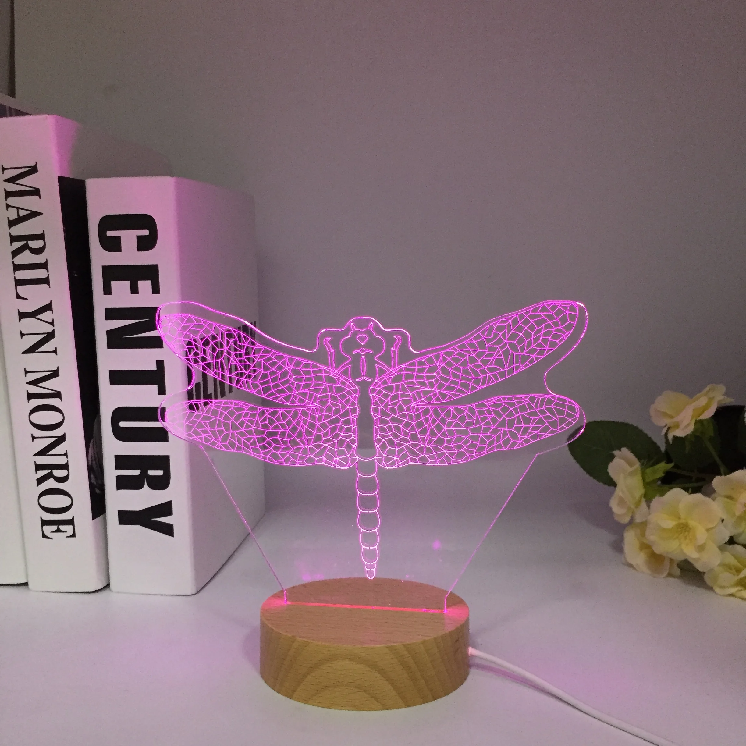 Wooden Dragonfly 3d Night Lamp Creative Colorful Animal Table Led Lamp Decorating Children's Room Powerbank Kids Lights Lamps