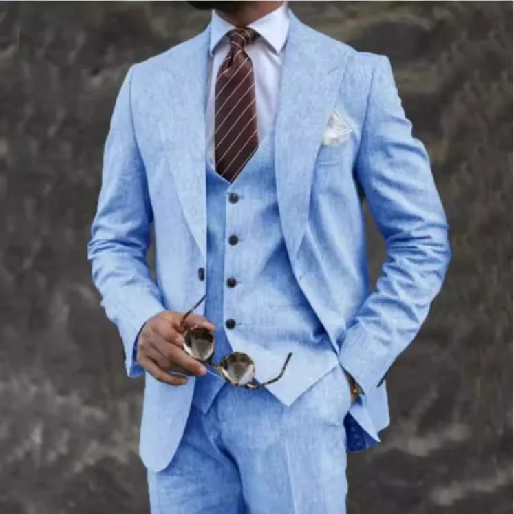 

Men's Linen Tee-Piece Suit Wedding Par Beach Formal Wear Ultra Slim Fit Busin Gentleman Sle Summer Collection
