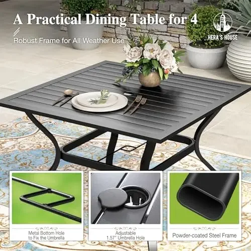 5pc Patio Dining Set for 4, Outdoor Metal Table & Brown Chairs | Textilene chairs + 37