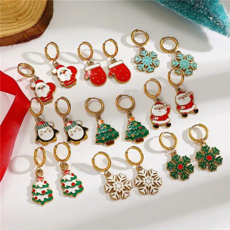 Pendientes de aro con dije de copo de nieve y árbol de Navidad de acero inoxidable para mujer, Mini guantes de pingüino, joyería para las orejas, regalos de pendientes de Año Nuevo para niñas