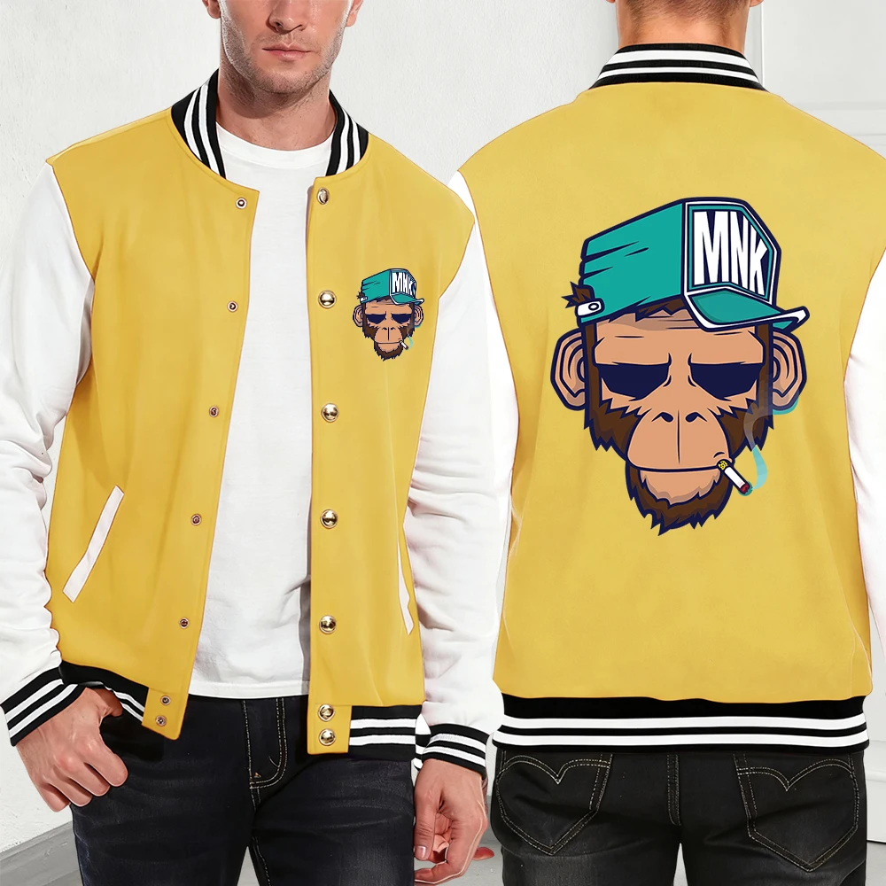 

Retro Wear Hat Thinking Monkey Prints Cotton Coats Mens Winter Fleece Warm Jackets Basics Pocket Baseball Jersey Trend Male Tops