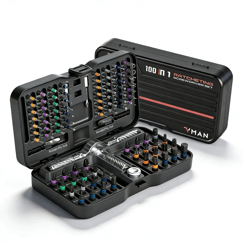 

Набор прецизионных магнитных отверток-трещоток 66/100 в 1 с отсоединяемой Т-образной рукояткой и магнитизатором для мебели, электроники и очков