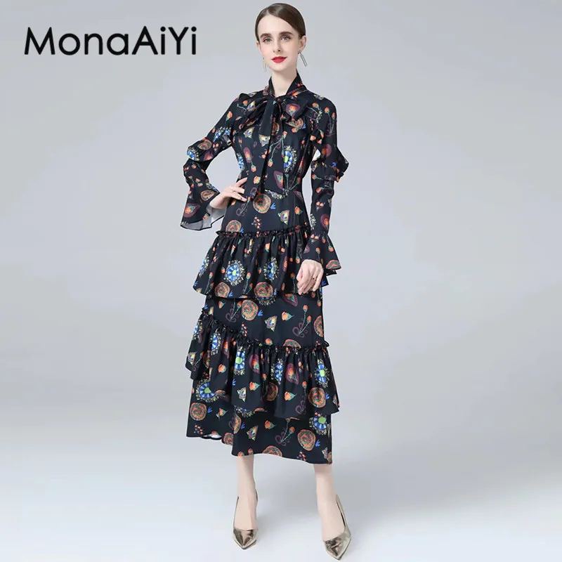 MonaAiYi Autumn Women's Ball Gown Dress Stand Collar Lace-Up Long Sleeved Flounced Edge Fashion Print Temperament Dresses