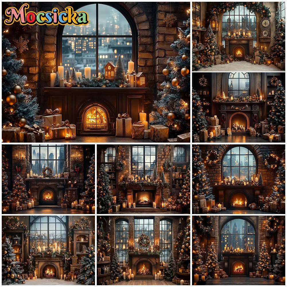 

Mocsicka New Year Party Backdrop Christmas Tree Cottage City Window Fireplace Decorations Family Festival Photography Background