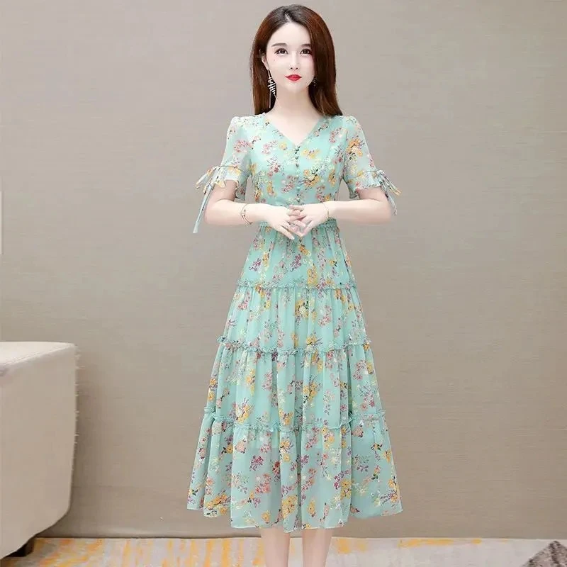 New Summer Short Sleeve Midi Dress Women Fashion Print V-Neck Bodycon Beach Dress Ladies Elegant Floral Chiffon Party Vestidos