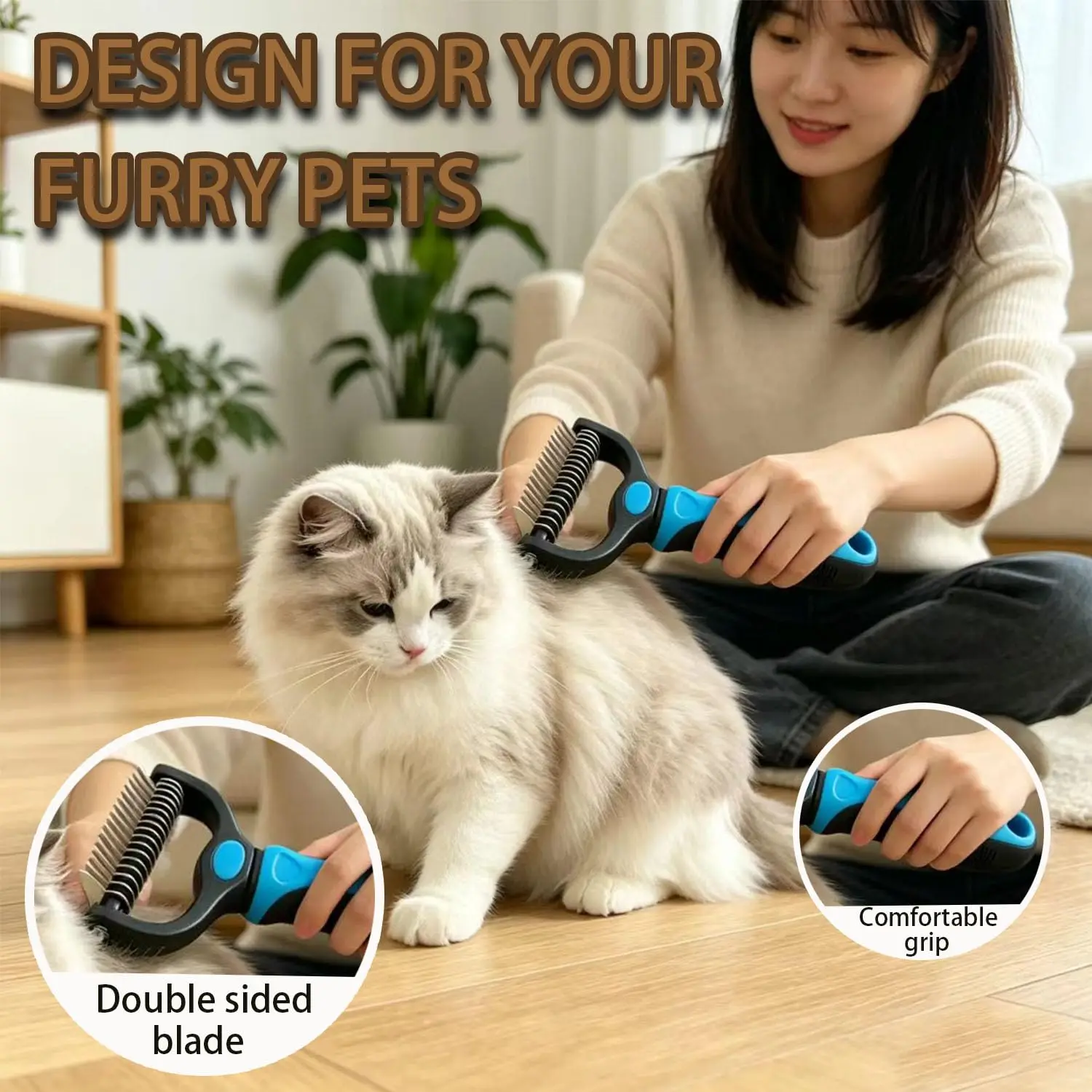 Pet grooming, used for combing and removing long and tangled hair on cats and dogs, removing hair comb and bottom rake，blue