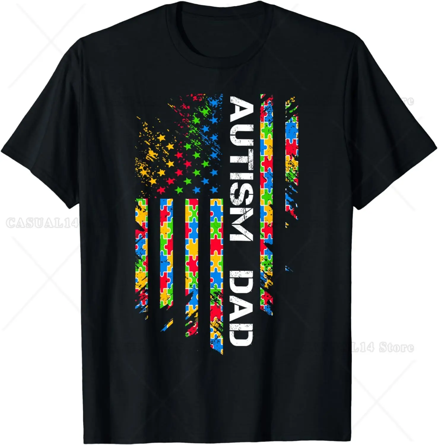 

Autism Dad Awareness American Flag USA T-Shirt Cotton Short Sleeve Unisex Graphic T Shirts